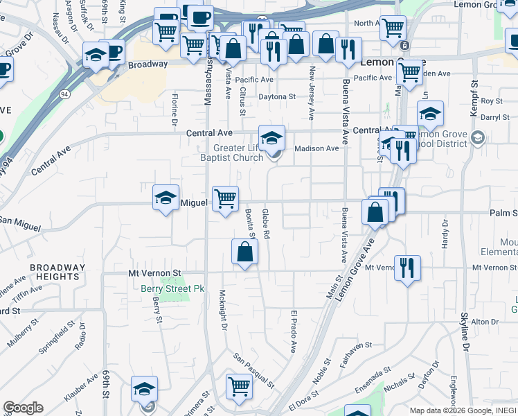 map of restaurants, bars, coffee shops, grocery stores, and more near 2609 Glebe Road in Lemon Grove