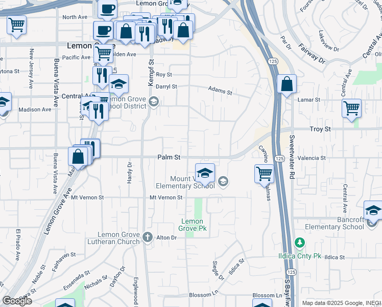 map of restaurants, bars, coffee shops, grocery stores, and more near 8210 Palm Street in Lemon Grove