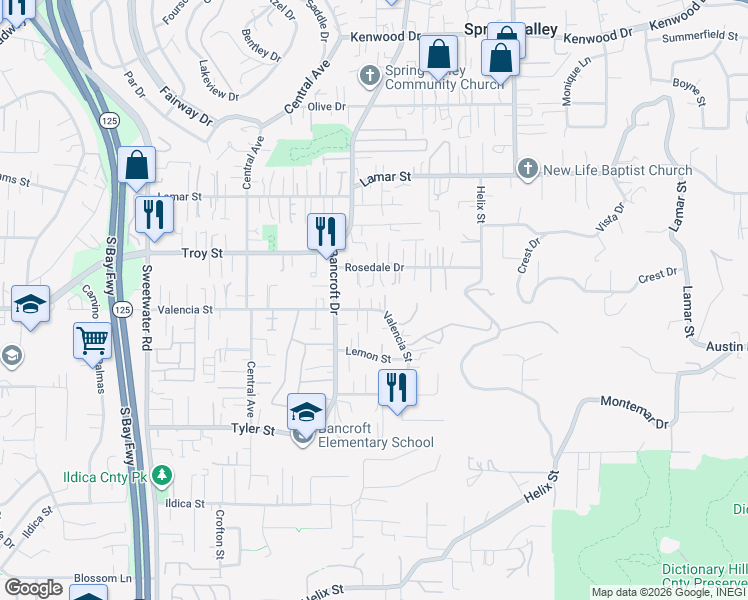 map of restaurants, bars, coffee shops, grocery stores, and more near 9050 Valencia Street in Spring Valley