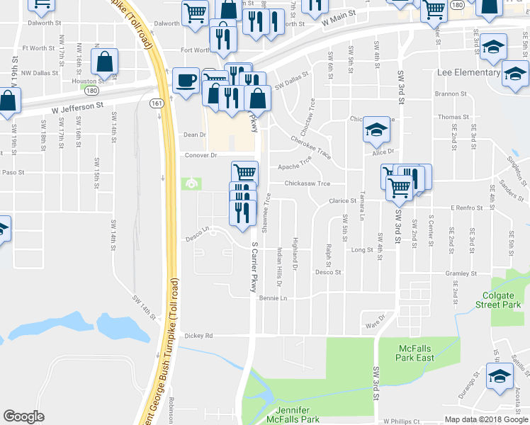 map of restaurants, bars, coffee shops, grocery stores, and more near Shawnee Trce in Grand Prairie