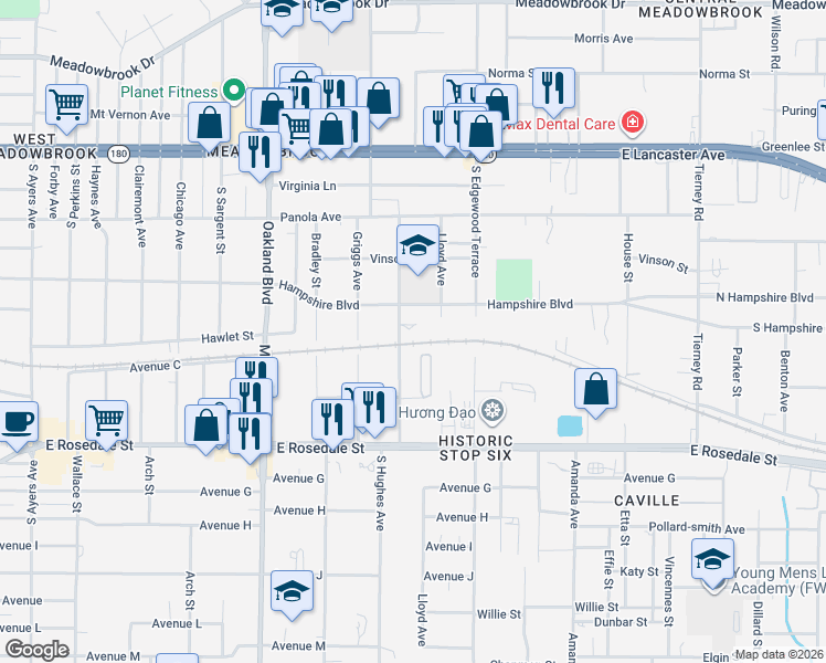 map of restaurants, bars, coffee shops, grocery stores, and more near 825 South Hughes Avenue in Fort Worth