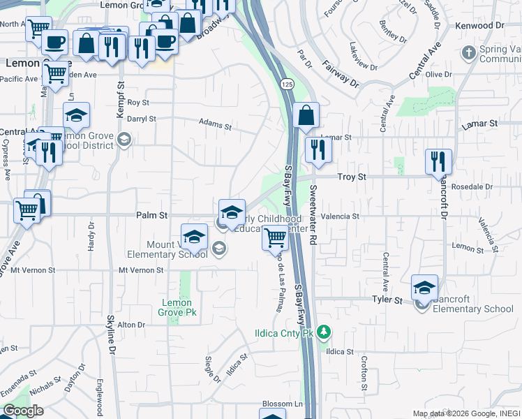 map of restaurants, bars, coffee shops, grocery stores, and more near 8579 Vista Azul in Lemon Grove