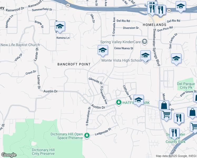 map of restaurants, bars, coffee shops, grocery stores, and more near 2811 Glen Canyon Circle in Spring Valley