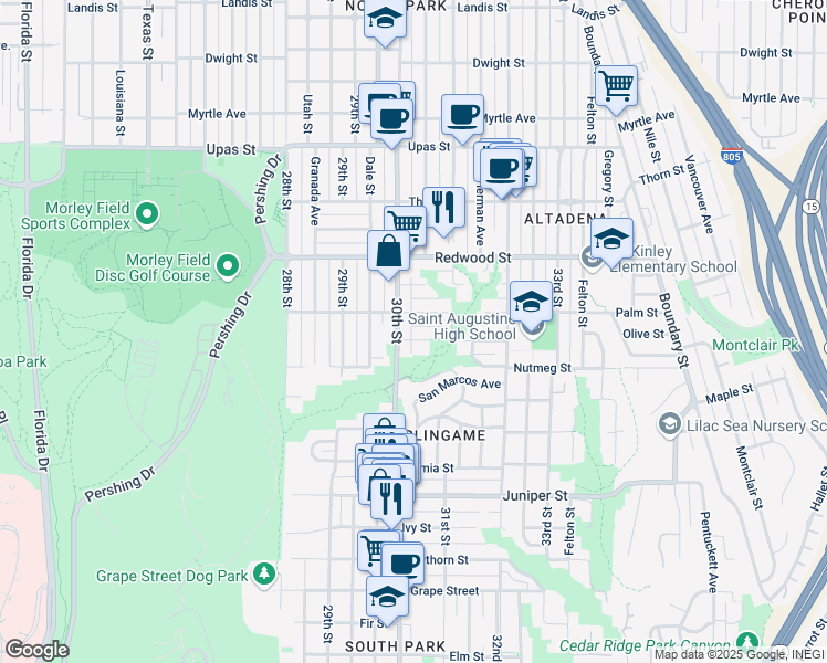 map of restaurants, bars, coffee shops, grocery stores, and more near 3011 Olive Street in San Diego