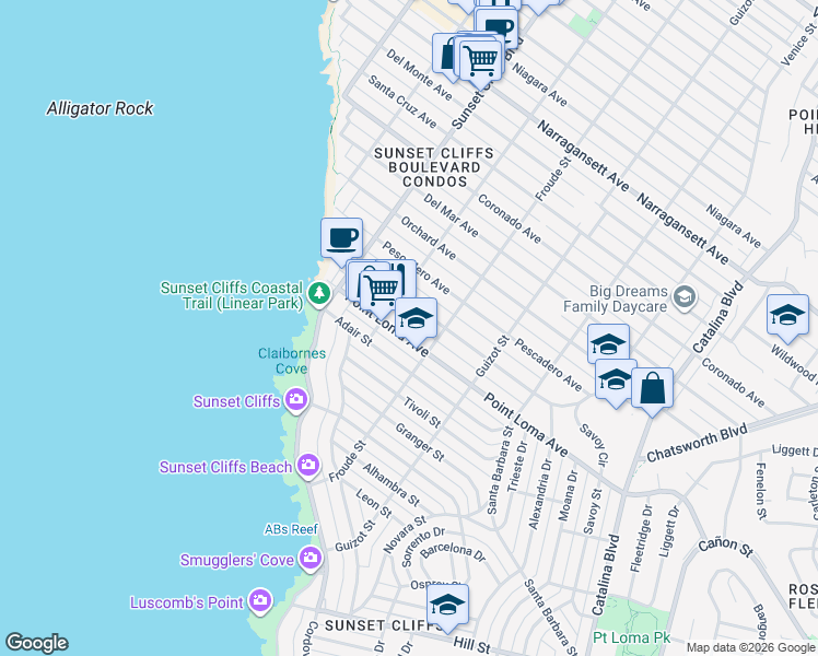map of restaurants, bars, coffee shops, grocery stores, and more near 4630 Point Loma Avenue in San Diego