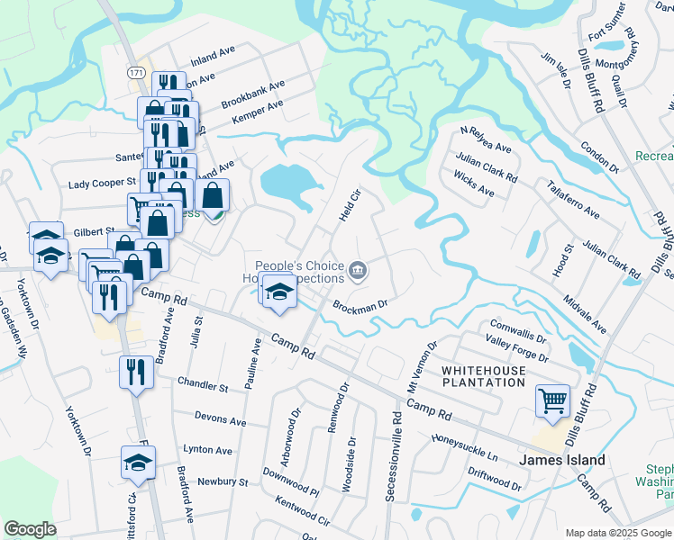 map of restaurants, bars, coffee shops, grocery stores, and more near 10 Anderson Avenue in Charleston