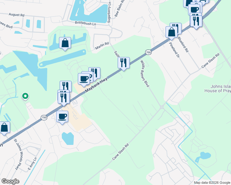 map of restaurants, bars, coffee shops, grocery stores, and more near 1845 Zelasko Drive in Johns Island