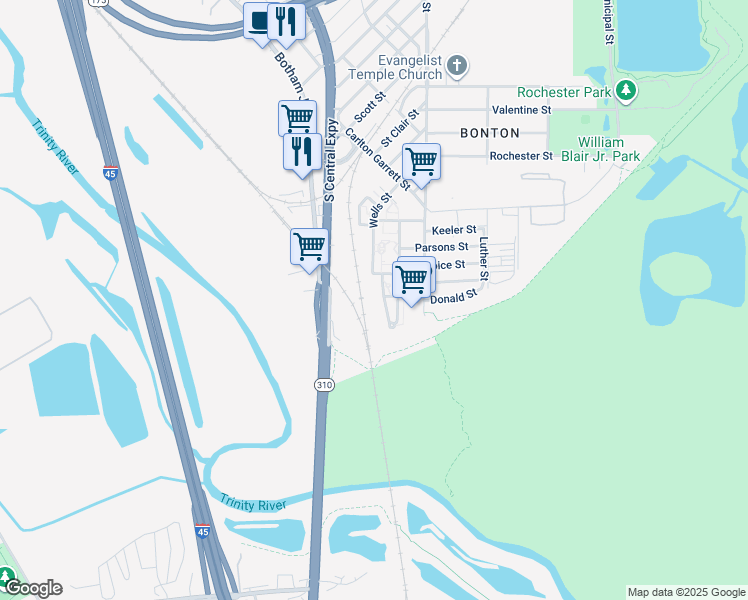 map of restaurants, bars, coffee shops, grocery stores, and more near 6000 South Lamar Street in Dallas