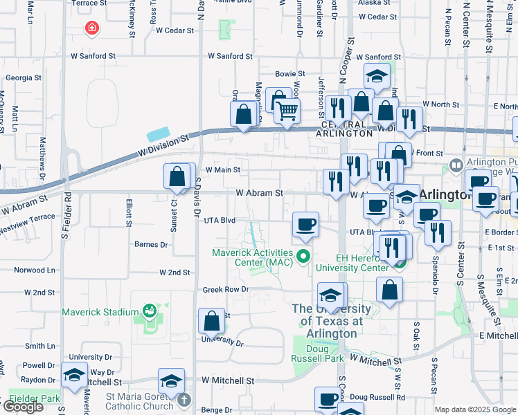 map of restaurants, bars, coffee shops, grocery stores, and more near 229 Kerby Street in Arlington