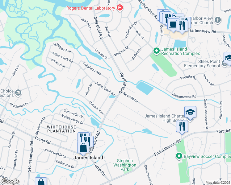 map of restaurants, bars, coffee shops, grocery stores, and more near 936 Dills Bluff Road in Charleston