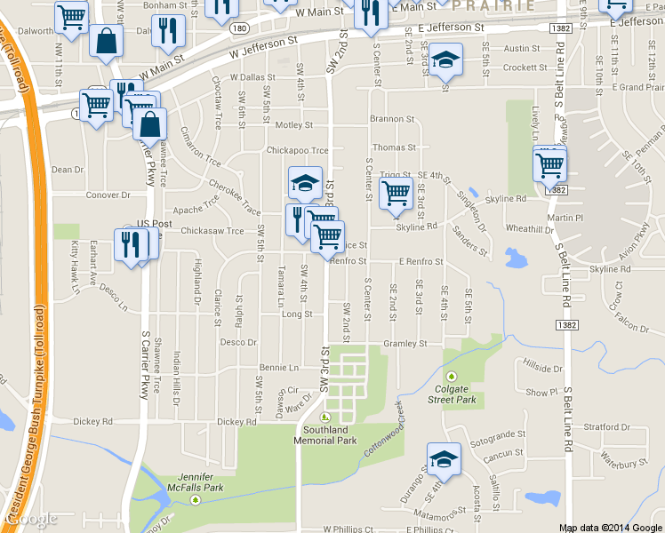map of restaurants, bars, coffee shops, grocery stores, and more near 901 Southwest 3rd Street in Grand Prairie
