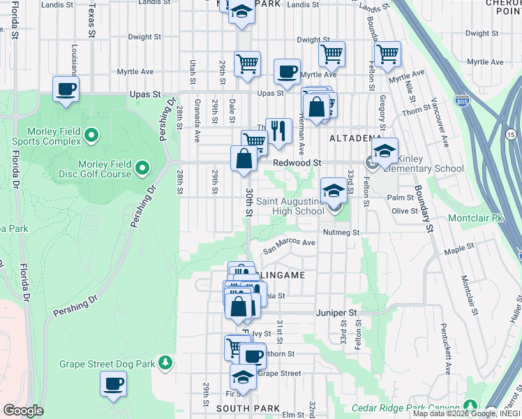 map of restaurants, bars, coffee shops, grocery stores, and more near 3011 Olive Street in San Diego