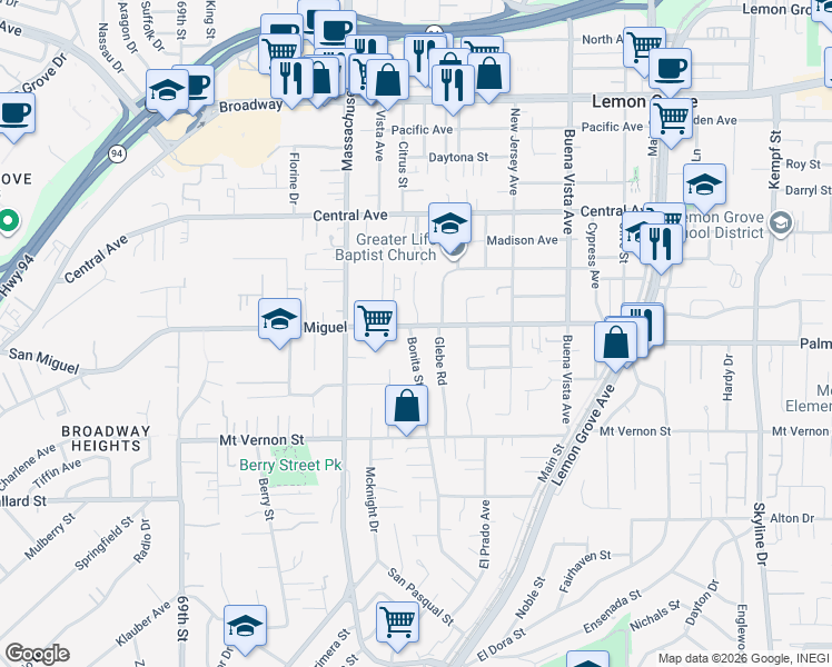 map of restaurants, bars, coffee shops, grocery stores, and more near 2642 Bonita Street in Lemon Grove