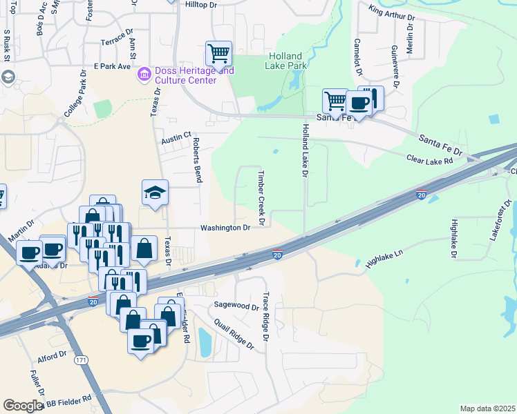 map of restaurants, bars, coffee shops, grocery stores, and more near 1338 Timber Creek Drive in Weatherford