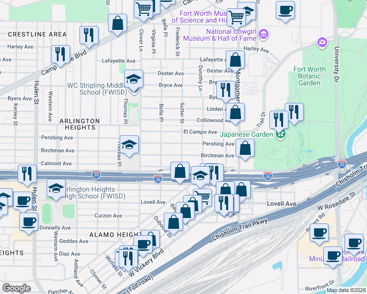 map of restaurants, bars, coffee shops, grocery stores, and more near 3908 Birchman Avenue in Fort Worth
