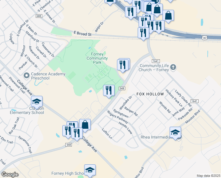 map of restaurants, bars, coffee shops, grocery stores, and more near 241 South Farm to Market 548 in Forney