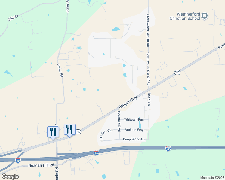 map of restaurants, bars, coffee shops, grocery stores, and more near 2760 Ranger Highway in Weatherford