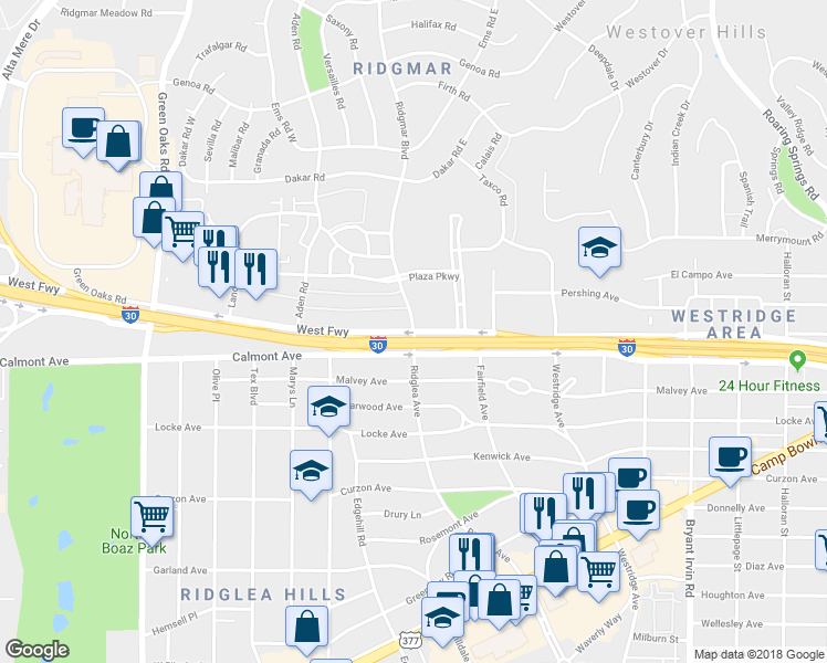 map of restaurants, bars, coffee shops, grocery stores, and more near 2898 Ridgmar Boulevard in Fort Worth