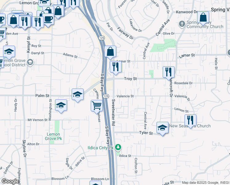 map of restaurants, bars, coffee shops, grocery stores, and more near 2707 Sweetwater Road in Spring Valley