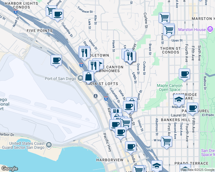 map of restaurants, bars, coffee shops, grocery stores, and more near 2964 Columbia Street in San Diego