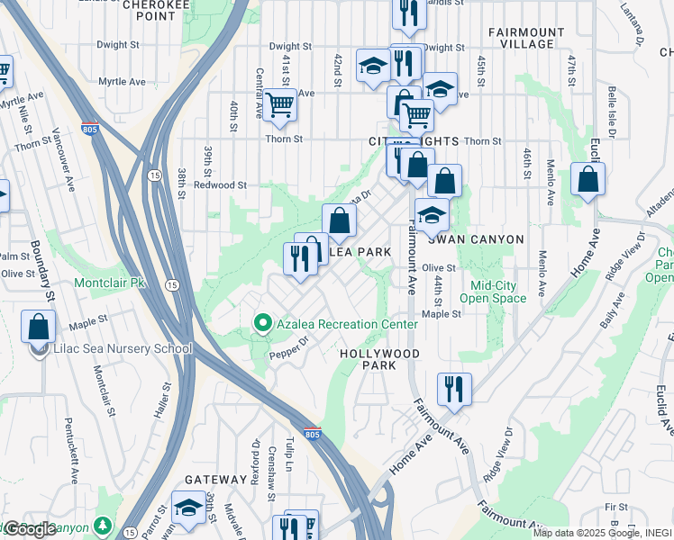 map of restaurants, bars, coffee shops, grocery stores, and more near 4175 Poplar Street in San Diego