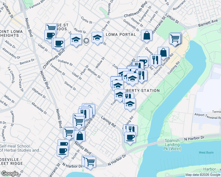 map of restaurants, bars, coffee shops, grocery stores, and more near 2999 Farragut Road in San Diego