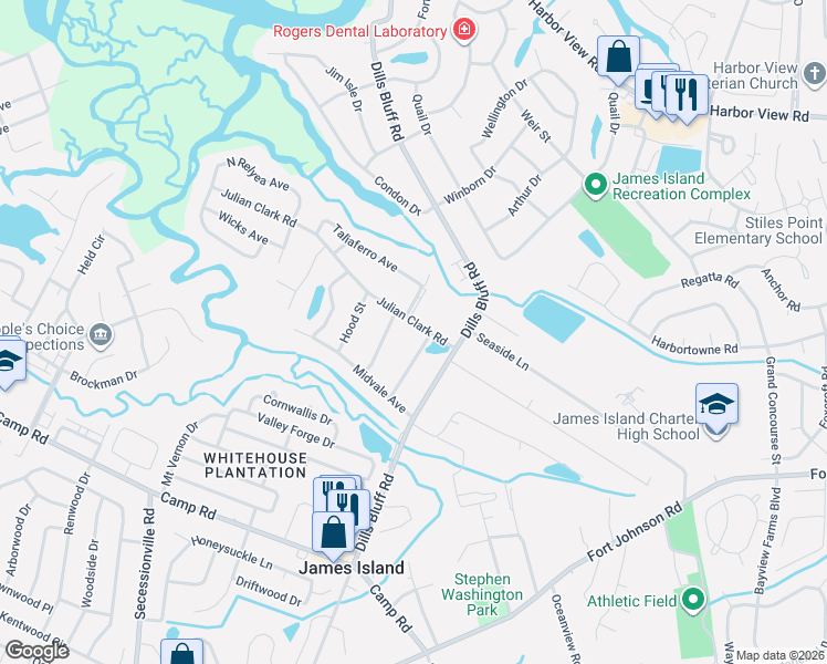 map of restaurants, bars, coffee shops, grocery stores, and more near 940 Mcelveen Street in Charleston