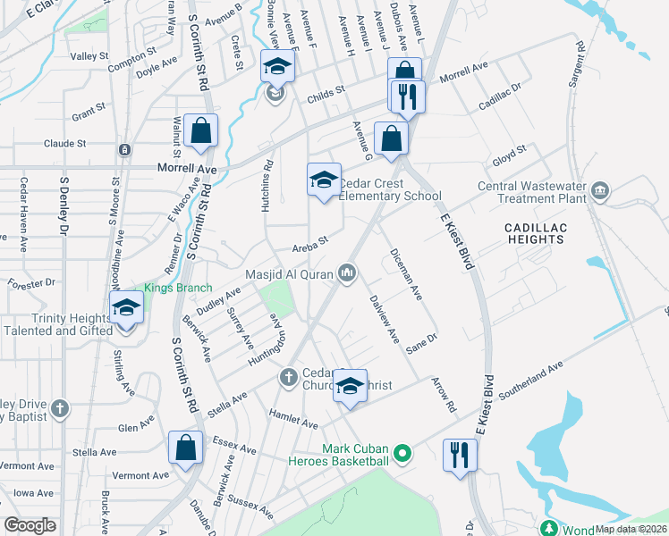 map of restaurants, bars, coffee shops, grocery stores, and more near 2420 Cedar Crest Boulevard in Dallas