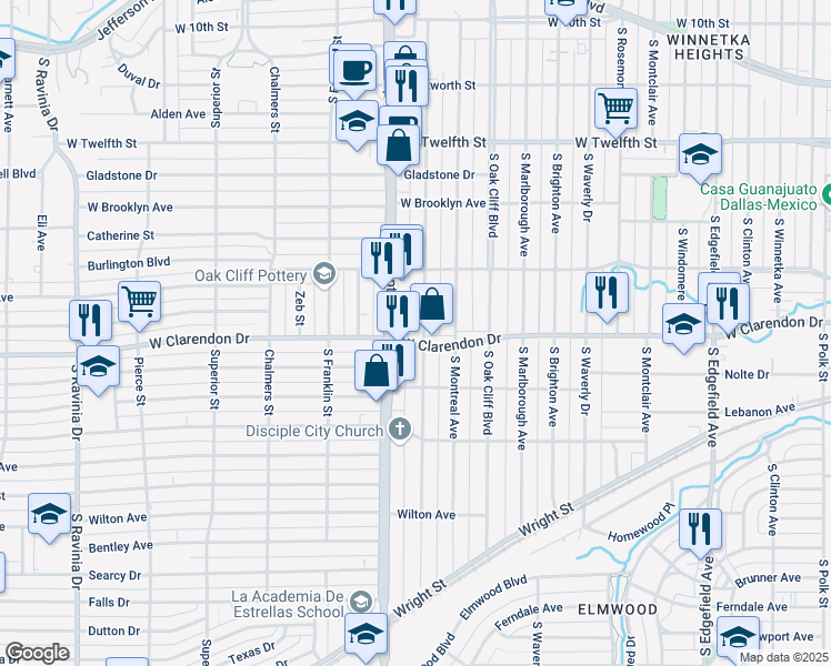map of restaurants, bars, coffee shops, grocery stores, and more near 2324 West Clarendon Drive in Dallas