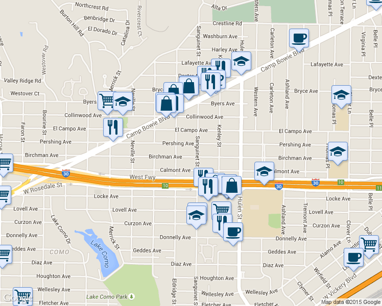 map of restaurants, bars, coffee shops, grocery stores, and more near 4815 Birchman Avenue in Fort Worth