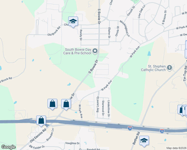map of restaurants, bars, coffee shops, grocery stores, and more near 806 West Park Avenue in Weatherford