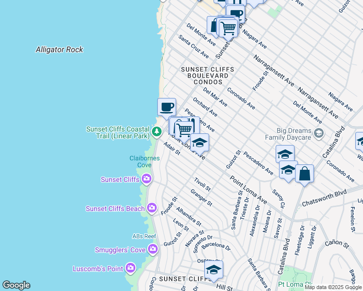 map of restaurants, bars, coffee shops, grocery stores, and more near 4705 Point Loma Avenue in San Diego