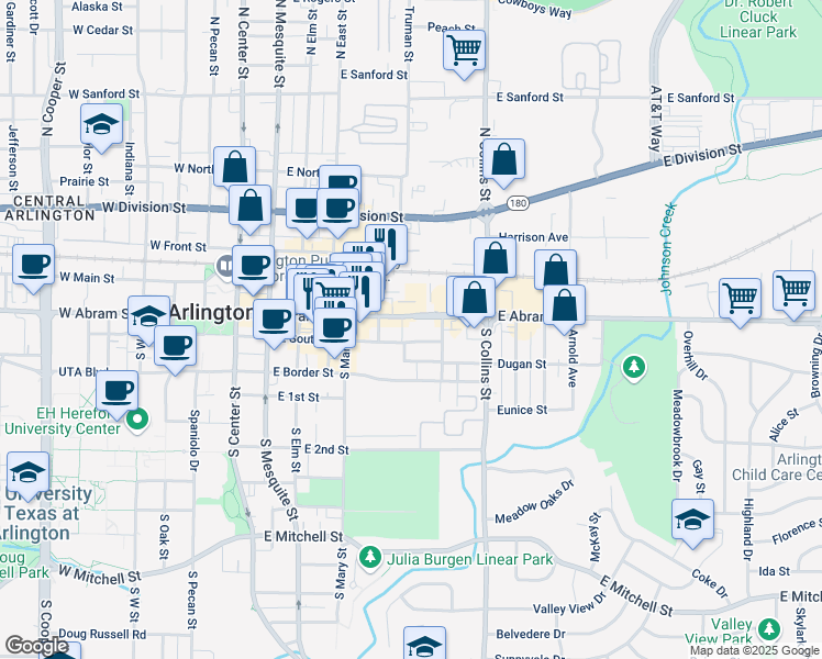 map of restaurants, bars, coffee shops, grocery stores, and more near 700 East Abram Street in Arlington