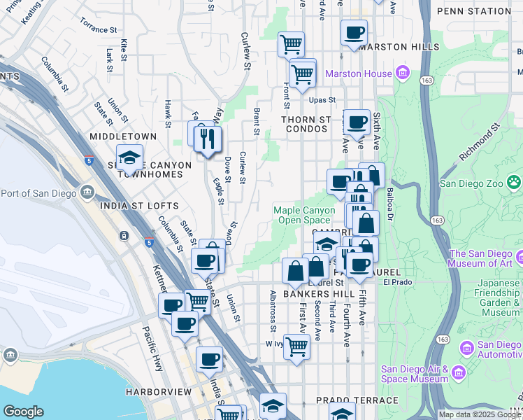 map of restaurants, bars, coffee shops, grocery stores, and more near 2861 Brant Street in San Diego