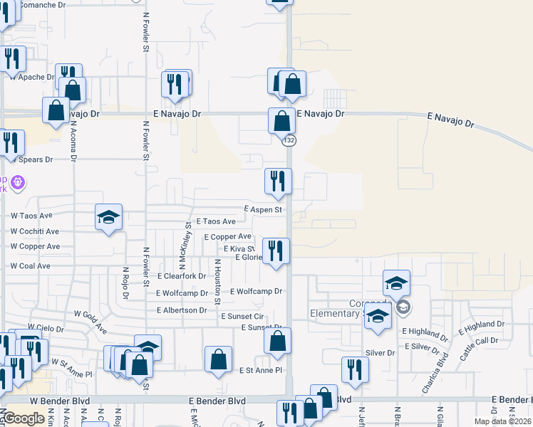 map of restaurants, bars, coffee shops, grocery stores, and more near 721 East Aspen Street in Hobbs