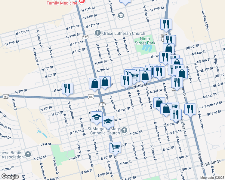 map of restaurants, bars, coffee shops, grocery stores, and more near 909 North 4th Street in Lamesa
