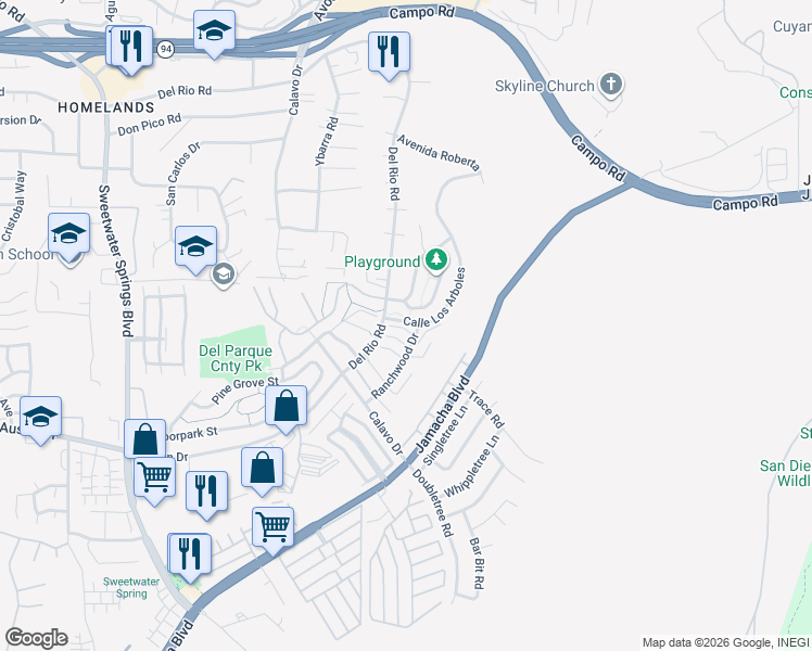 map of restaurants, bars, coffee shops, grocery stores, and more near 3047 Blue Oak Court in Spring Valley