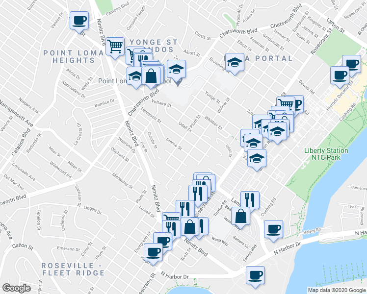 map of restaurants, bars, coffee shops, grocery stores, and more near 3328 Sterne Street in San Diego