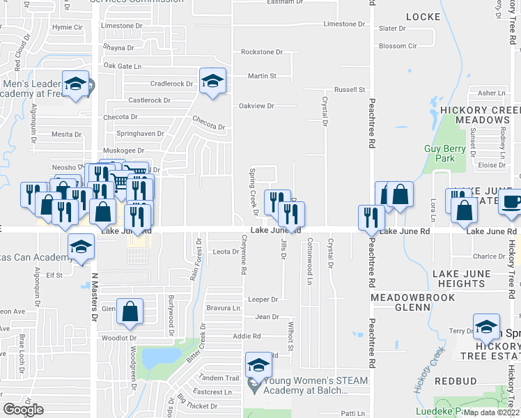 map of restaurants, bars, coffee shops, grocery stores, and more near 2532 Spring Creek Drive in Balch Springs