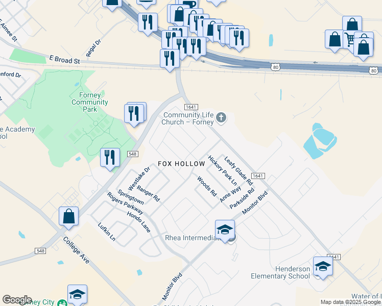 map of restaurants, bars, coffee shops, grocery stores, and more near 214 Beacon Hill Lane in Forney