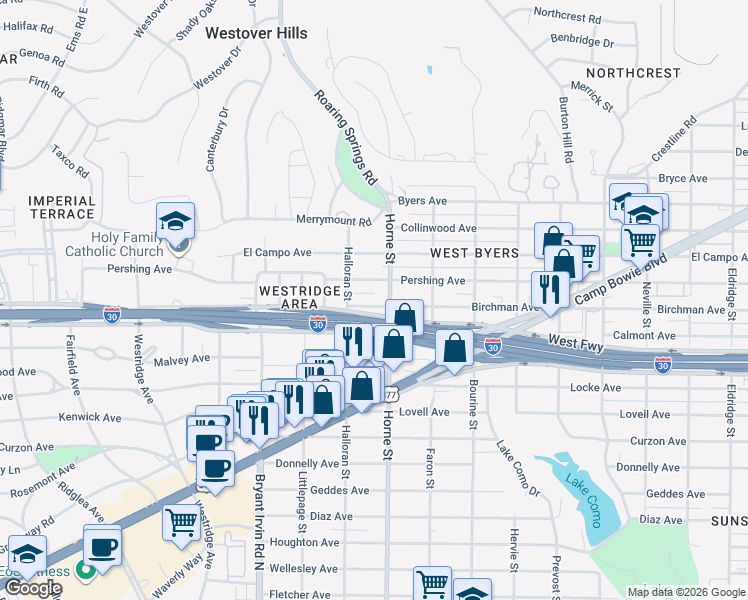 map of restaurants, bars, coffee shops, grocery stores, and more near 5712 Birchman Avenue in Fort Worth