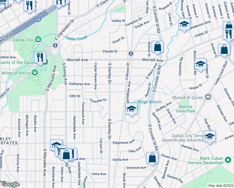 map of restaurants, bars, coffee shops, grocery stores, and more near 1322 East Waco Avenue in Dallas