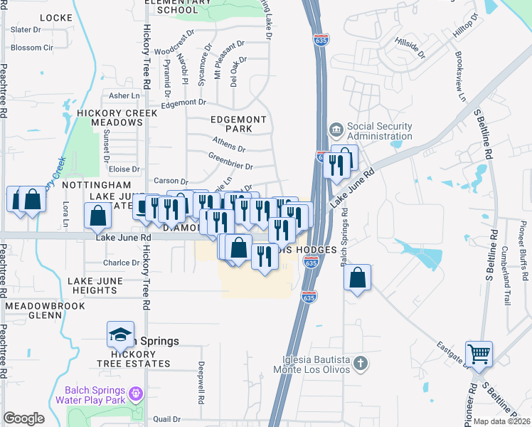 map of restaurants, bars, coffee shops, grocery stores, and more near 2432 Lindale Lane in Mesquite