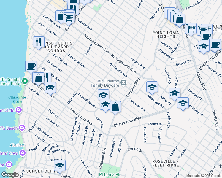 map of restaurants, bars, coffee shops, grocery stores, and more near 4319 Coronado Avenue in San Diego