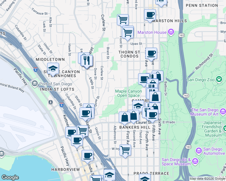 map of restaurants, bars, coffee shops, grocery stores, and more near 2854 Albatross Street in San Diego