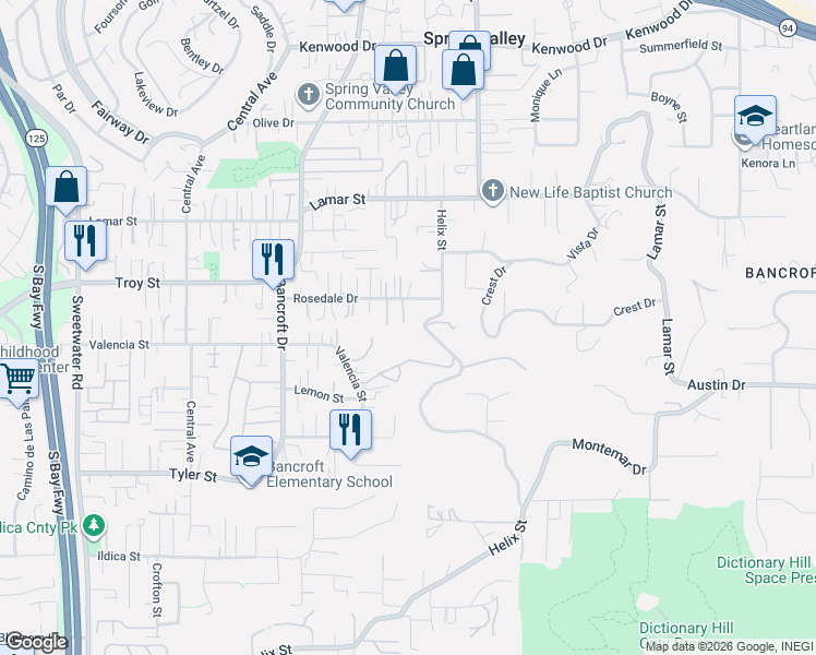 map of restaurants, bars, coffee shops, grocery stores, and more near 2850 Helix Street in Spring Valley