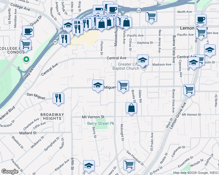 map of restaurants, bars, coffee shops, grocery stores, and more near 2650 Massachusetts Avenue in Lemon Grove