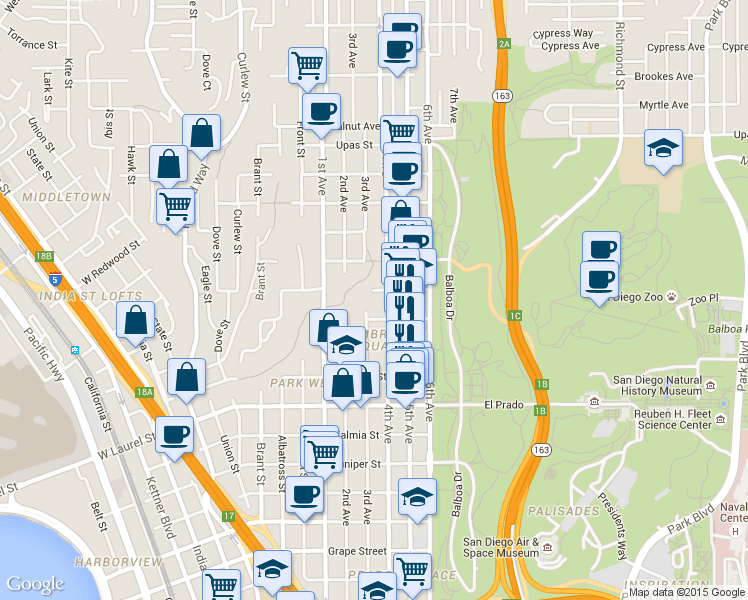 map of restaurants, bars, coffee shops, grocery stores, and more near 313 Olive Street in San Diego