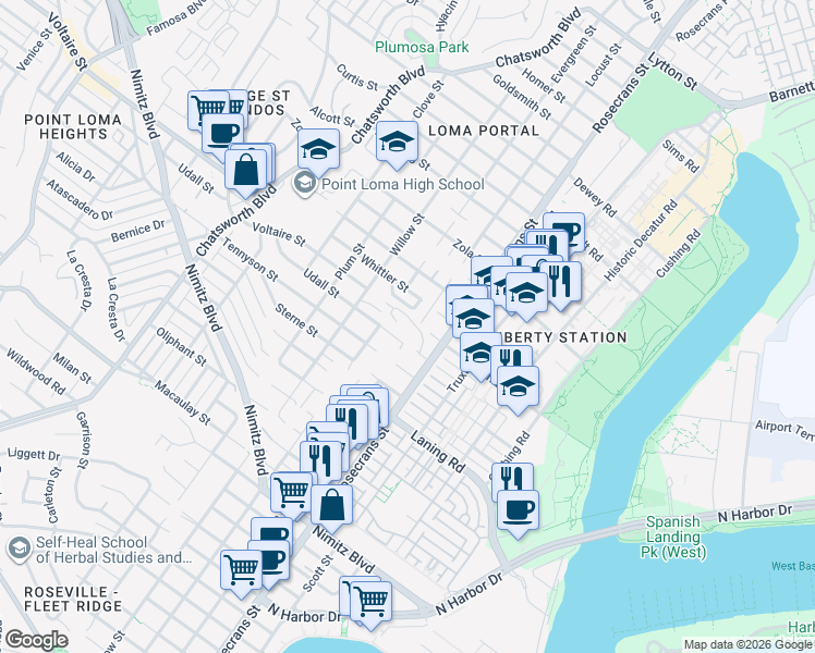 map of restaurants, bars, coffee shops, grocery stores, and more near 3040 Udall Street in San Diego