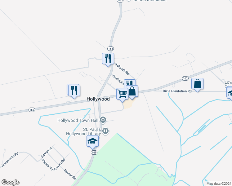 map of restaurants, bars, coffee shops, grocery stores, and more near 6271 South Carolina 162 in Hollywood